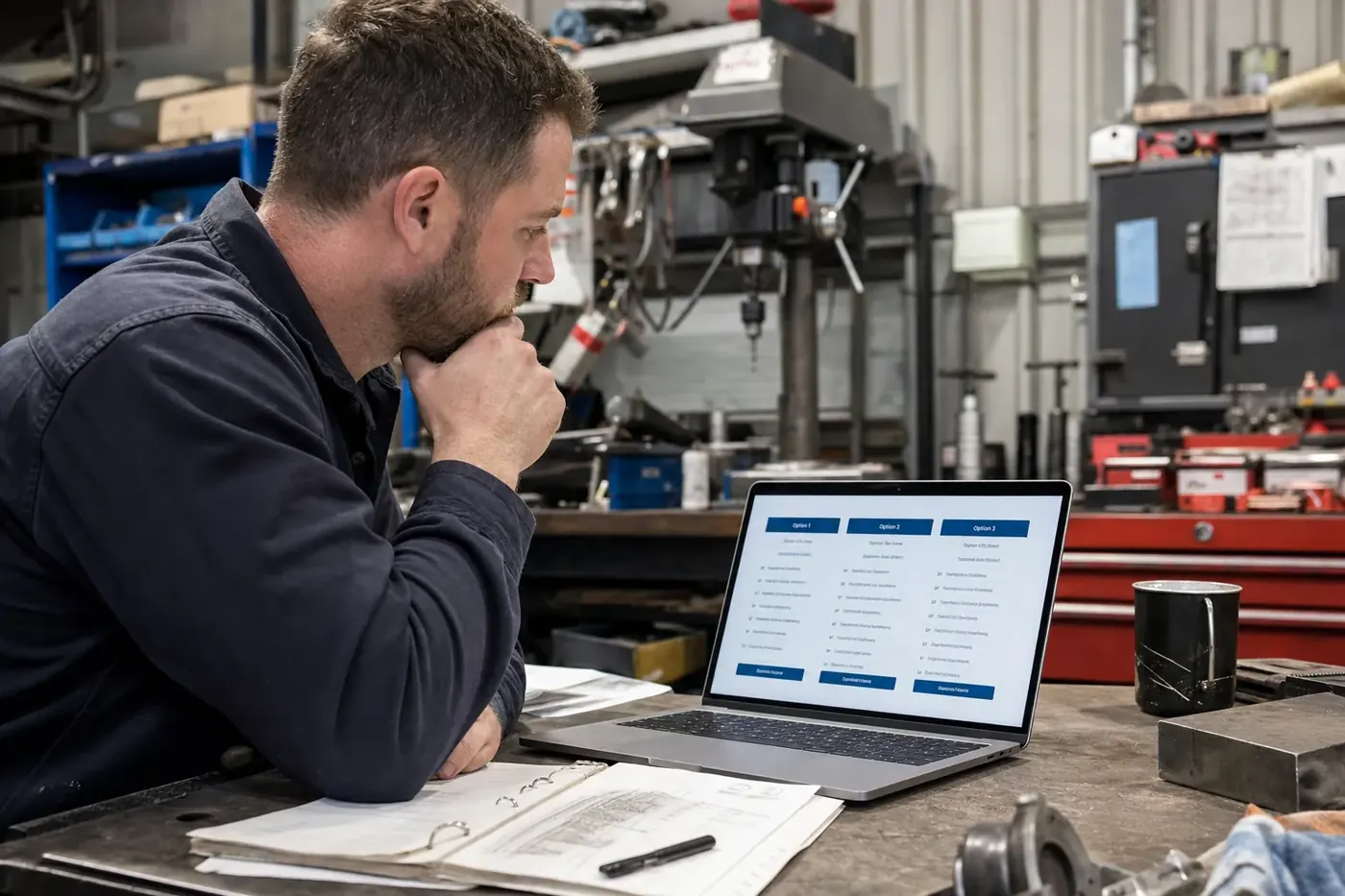 Melbourne business owner weighing up lead generation options on a laptop at a workshop desk