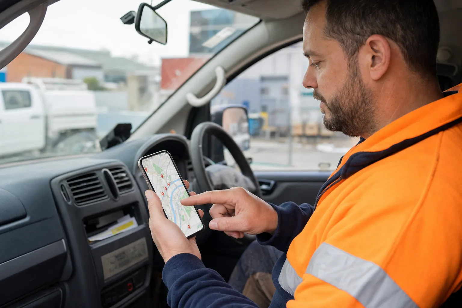 Melbourne tradesperson updating their business details on a phone in their work van