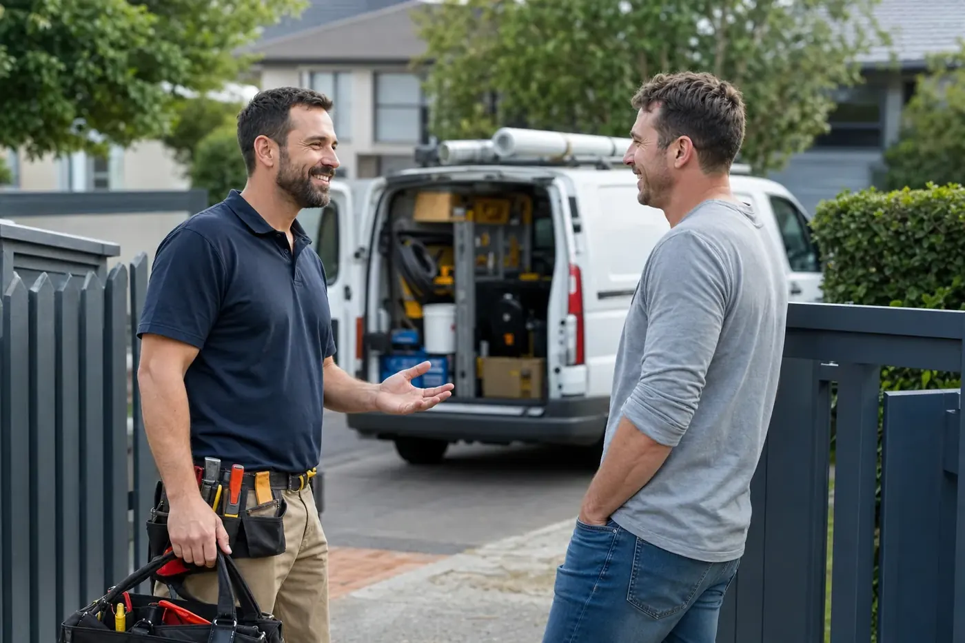 Melbourne tradesperson chatting with a happy repeat customer outside a suburban home