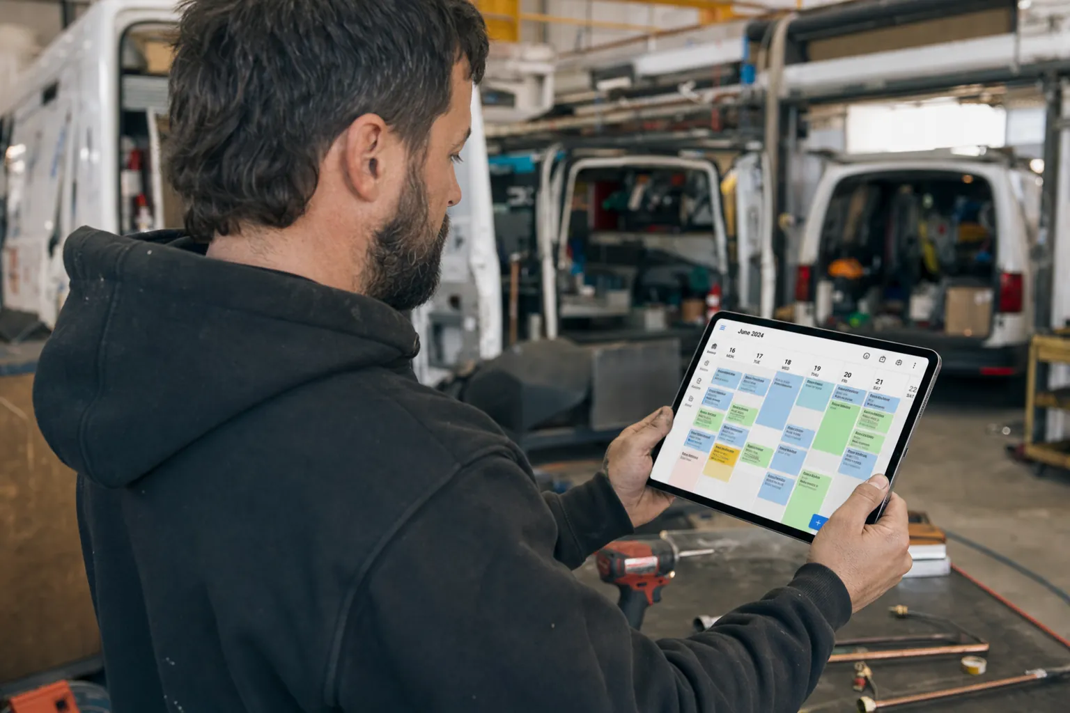 Melbourne tradesperson checking a busy job calendar on a tablet in their workshop