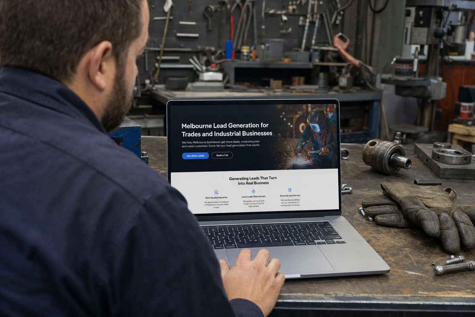 Melbourne business owner reviewing their website on a laptop at a workbench