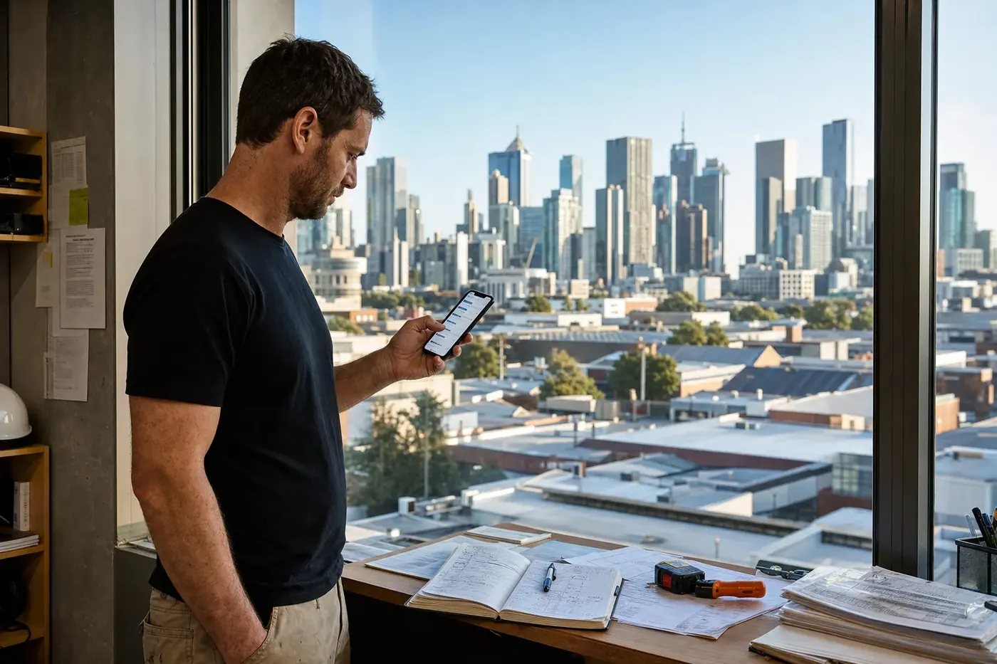 Melbourne service business owner reviewing new enquiries on a phone with the city skyline behind