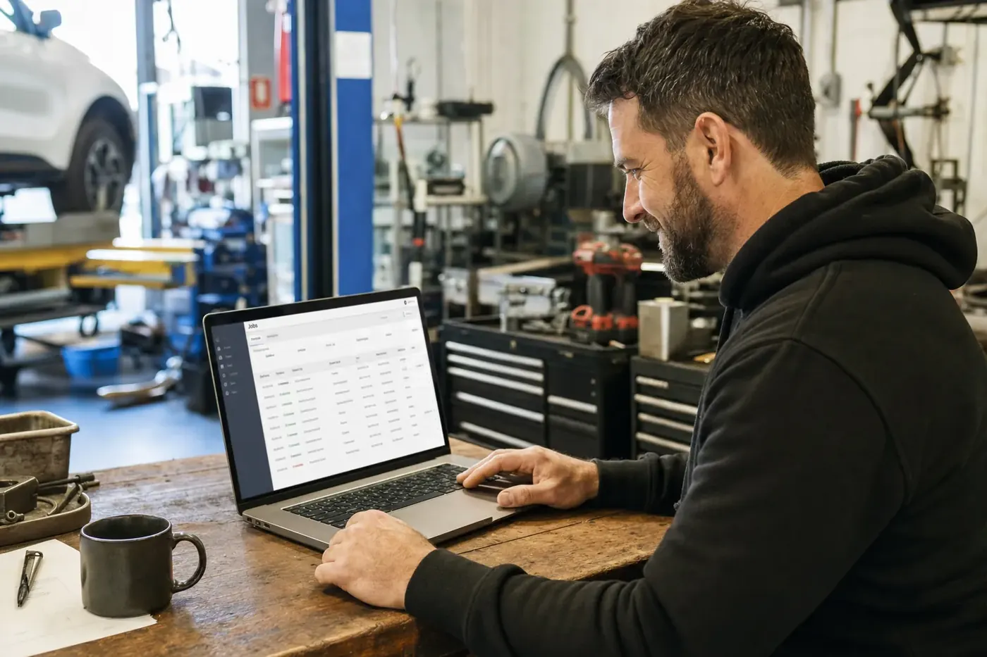 Melbourne business owner reviewing lead costs and booked jobs at a desk