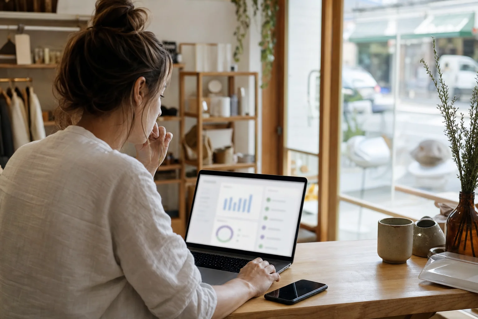 Melbourne small business owner reviewing enquiries from their website on a laptop at a bright desk