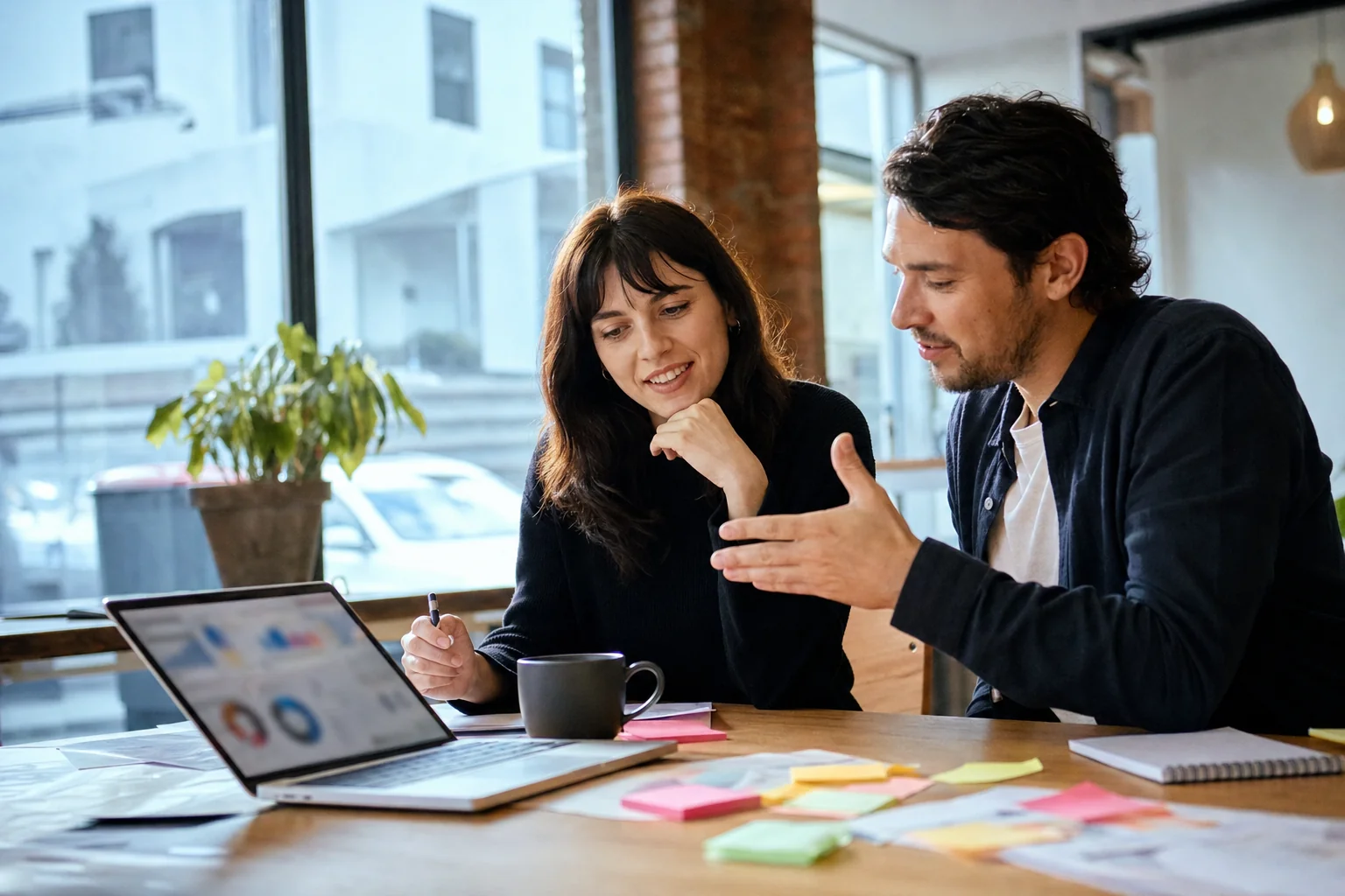 Two Melbourne business colleagues planning inbound and outbound lead strategy at a desk