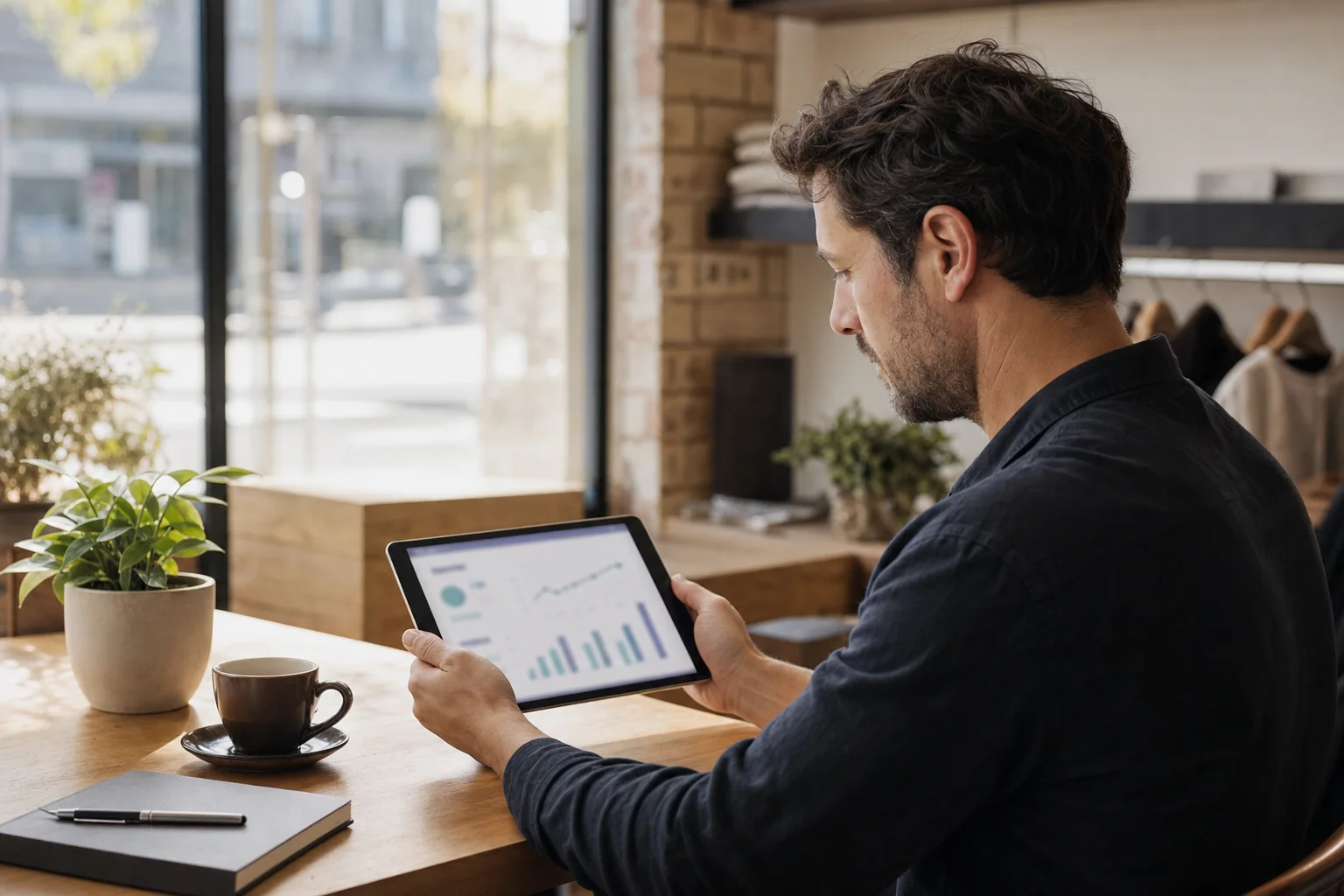 Melbourne business owner reviewing lead performance charts on a tablet at a desk