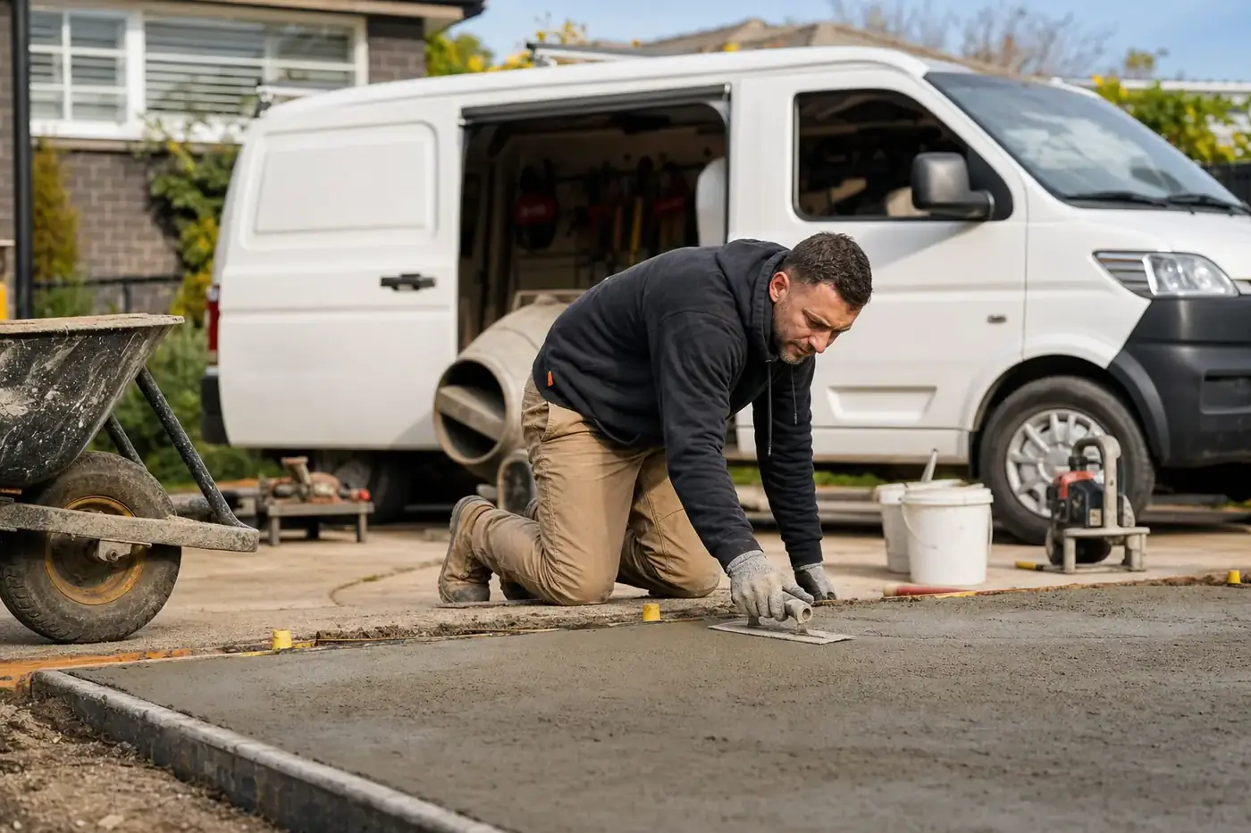 Melbourne tradesperson working on a driveway job beside their work van