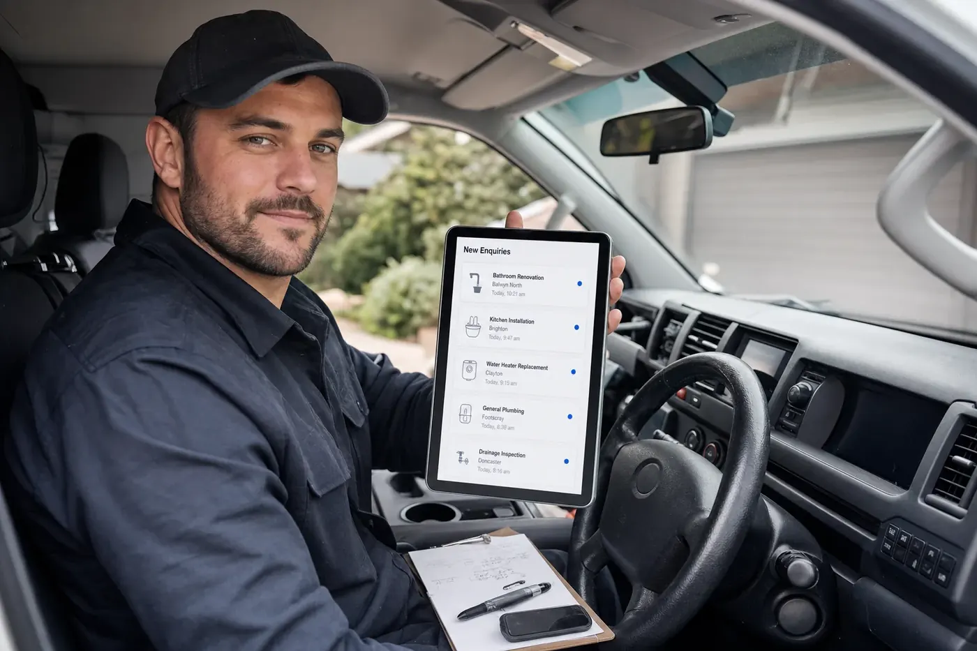 Melbourne tradesperson in their work van checking new enquiries on a tablet