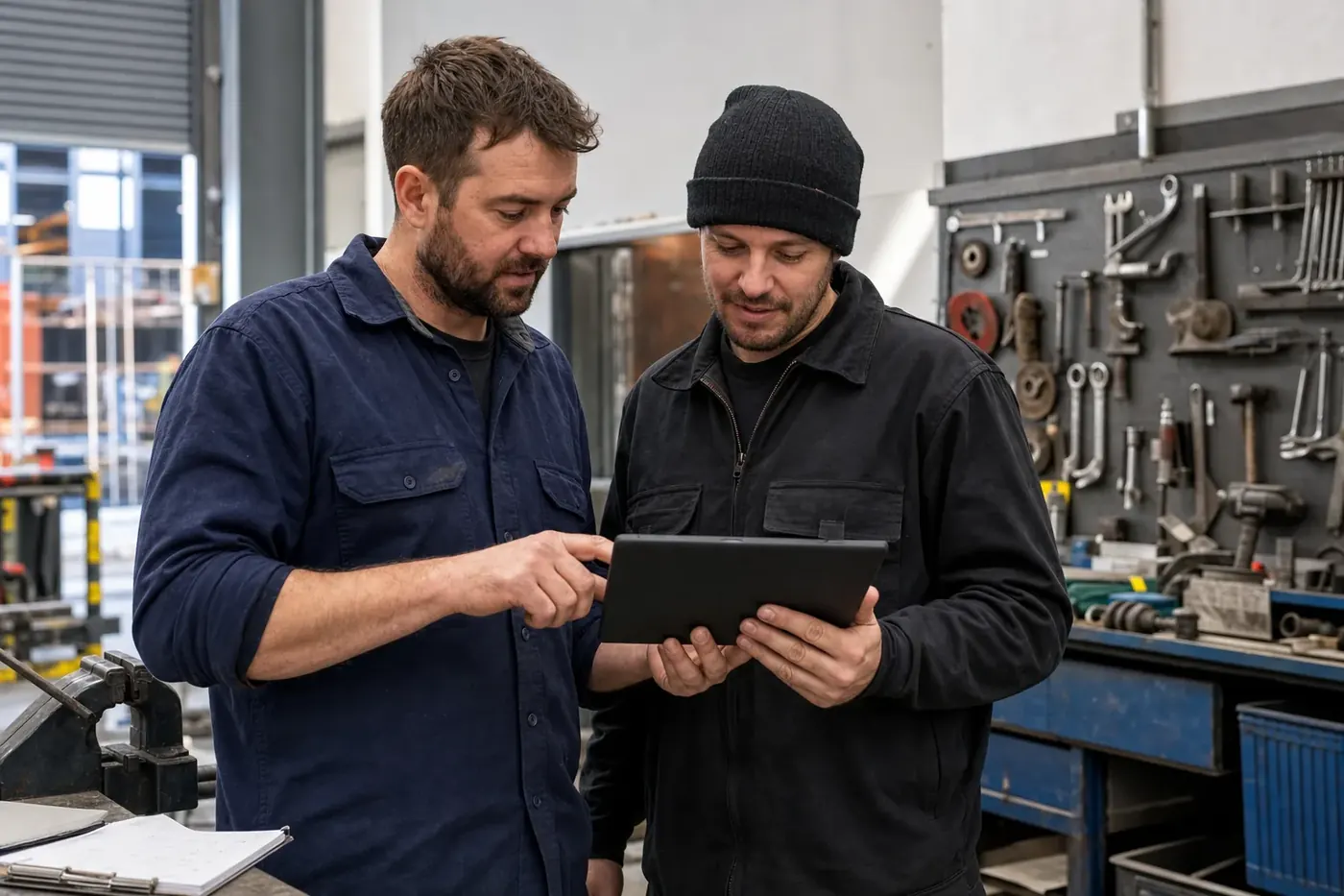 Two Melbourne tradespeople reviewing job enquiries on a tablet in a workshop